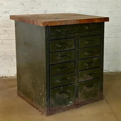 Vintage Steel Tool Chest with Wood Top Filled with Mechanics Tools and More
