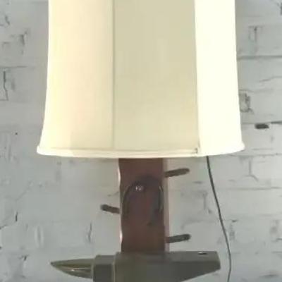 Vintage Blacksmith Themed Table Lamp in Wood and Brassed Metal