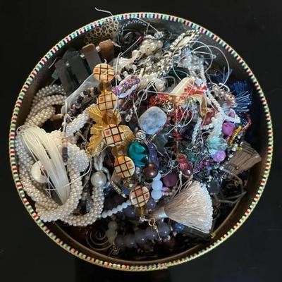 Tin of Jewelry Findings, Faux Pearl Necklaces, Beads