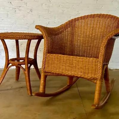 Palecek (San Francisco) Natural Wicker Rocking Chair and Side Table