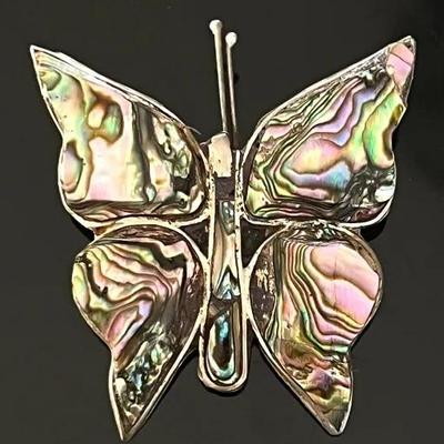 Mexican Taxco Sterling Silver Abalone Butterfly Brooch, Vintage 