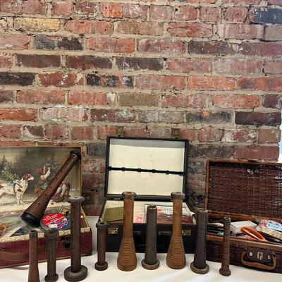 Sewing Notions With Antique Spindles, Vintage Suitcases And More
