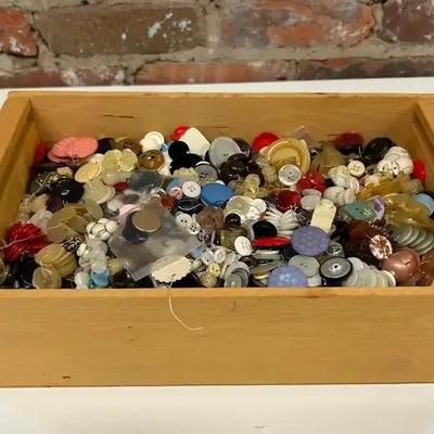 Wooden Crate Full Of Vintage Buttons