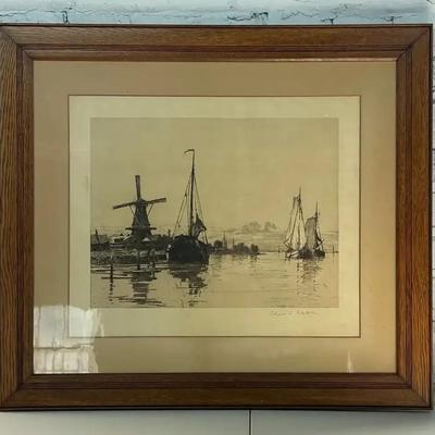 Charles Platt Etching of Dutch Coastal Landscape, with Windmill, Late 19th or Early 20th Century