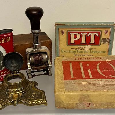 Antique Desk Drawer Finds, Brass Inkwell, Games ++++