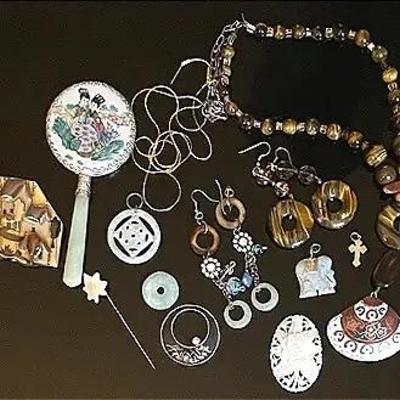 Jade, Tiger Eye’s and Mother of Pearl Jewelry with Hand Mirror