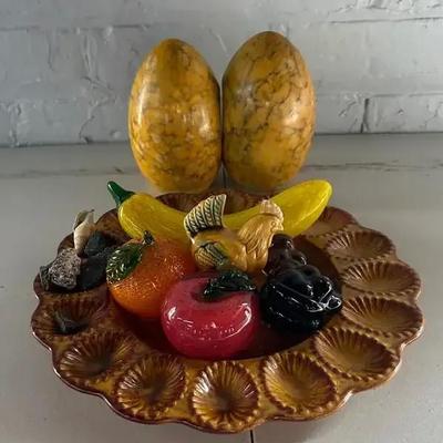 Art Glass Fruit with Dyed Alabaster Bookends and Glazed Ceramic Deviled Egg Tray