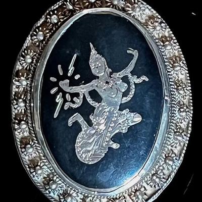 Vintage Siam Sterling Silver .925 Onyx Dancer Brooch