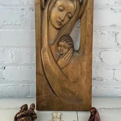 Vintage German Carved Wood Wall Sculpture of the Virgin and Child Signed "HH" and More