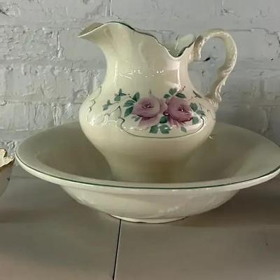 Vintage Hand Painted Ceramic Basin Set with a Warwick China Porcelain Bowl