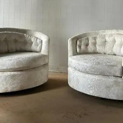Pair of Vintage Cream-Upholstered Revolving Armchairs