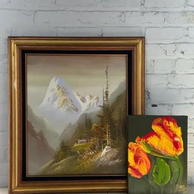 Alpine Oil Painting Signed "Max" Along with an Acrylic Painting of Tulips