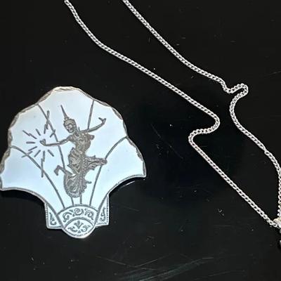 Siam Enameled Sterling Silver Brooch and Avery Sterling Chain with Diminutive Cross Pendant