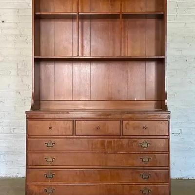 Vintage Mid Century Modern Cherry Finish Wood Chest of Drawers with Hutch / China Cabinet