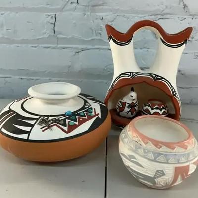 Isleta and Laguna Pueblo Pottery Vases with New Mexico Feather and Turquoise-Accented Pot