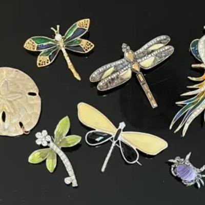 Rhinestone Dragonfly Brooches (Some Marked) Plus Crab, Sand Dollar and Bird of Paradise 