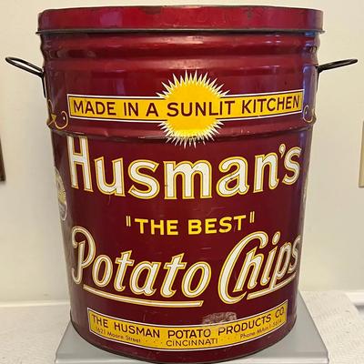 Vintage Husman’s Potato Chip Tin, Cincinnati, Ohio W/Original Lid