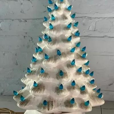 Vintage White Ceramic Christmas Tree with Blue Lights, Dated 1969