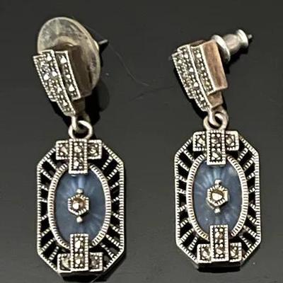 Art Deco Style Sterling Silver Marcasite Blue Camphor Glass Dangle Earrings