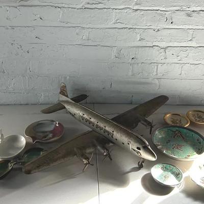 Vintage Metal Pan-Am Toy Plane with a Collection of Ashtrays Featuring Chinese Hand Painted Examples