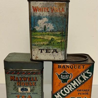 Antique Tea Tins, White Villa, Maxwell House, McCormick’s