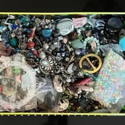 Tin Full of Jewelry Findings, Beads, Semiprecious Stones