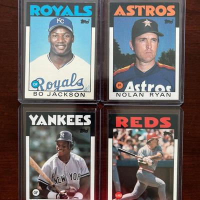 Vintage Hall Of Fame Baseball Cards. Bo Jackson Rookie, Nolan Ryan, Pete Rose, and Rickey Henderson