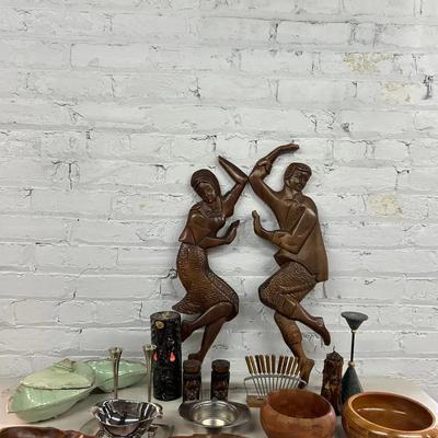 Vintage MCM Decor with Wood Bowls and Wall Sculptures, Unused California Pottery Lidded Dish & More