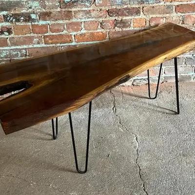 Mid Century Modern Style Live Edge Walnut and Iron Hairpin Leg Coffee Table