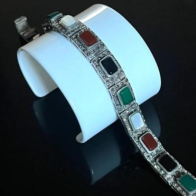 Sterling Silver .925 Marcasite Semiprecious Stone Link Bracelet