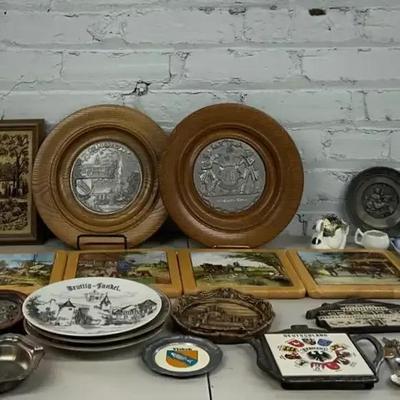 Various German Souvenirs with Pewter Placards, Ceramic Tiles, Dishes and More