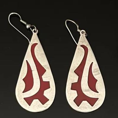 Mexican Sterling Silver .925 Inlaid Carnelian Drop Dangle Earrings