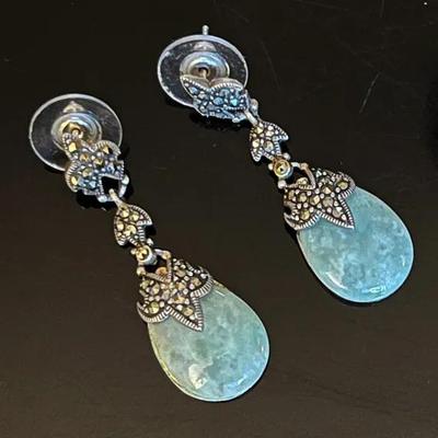 Thai Sterling Silver .925 Chrysophase Marcasite Drop Earrings