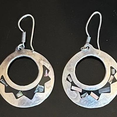 Sterling Silver .925 Hoop Earrings with Inlaid Onyx and Abalone