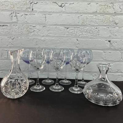 Two Glass Decanters and Seven Wine Glasses