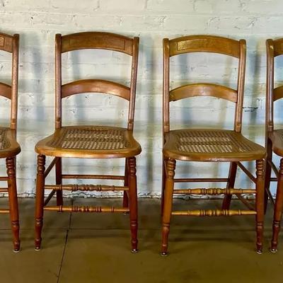 Four Victorian Walnut, Burl Walnut and Caned Seat Side Chairs, Late 19th Century