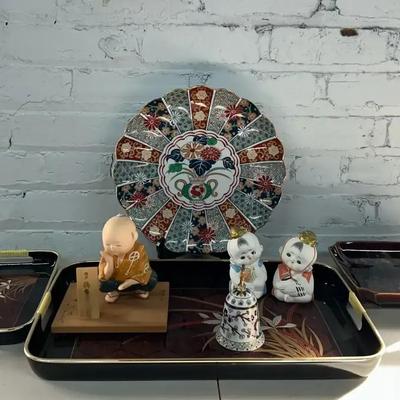Japanese Decorative Items and Dolls with Plastic Lacquerware Trays, Imari Style Bowl and More