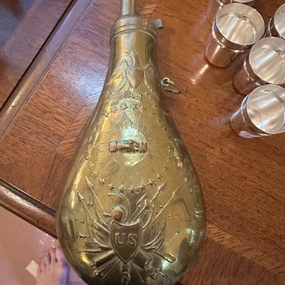 Vintage US Brass Peace Pattern Powder Flask. Civil War
