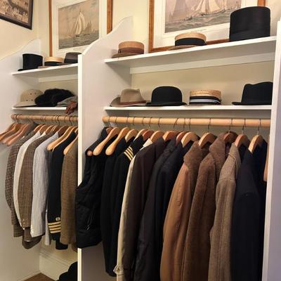 Sale Photo Thumbnail #88: Beautiful mens clothein ( mohair coat, LL Bean Suede Vest, Bowler, Boater, top hats and caps. Wool Tweeds