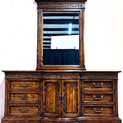 American of Martinsville, Ornate Wood Triple Dresser with Mirror