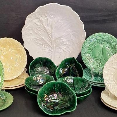 Vintage Bordallo Pinheiro Cabbage Leaf Serving Bowl, Majolica Pear Fruit Salad Plates, And More