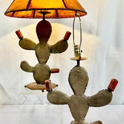 Pair Of Saguaro Cactus Rawhide Shaded  Lamps