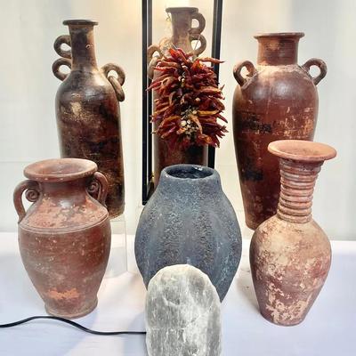 Collection of Terra Cotta and Raku Pottery Vessels with Salt Lamp