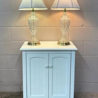 White Storage Cabinet W/ Cut Crystal Lamps