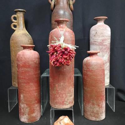Collection of Six Southwestern Terracotta Vessels with Onyx Accent Stone – Rustic Adobe Décor