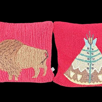 Pair of Four Corners Hooked Wool Pillows by Laura Megroz – Bison & Teepee Americana Design