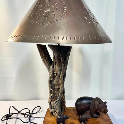 Rustic Table Lamp with Carved Bears and Copper Shade