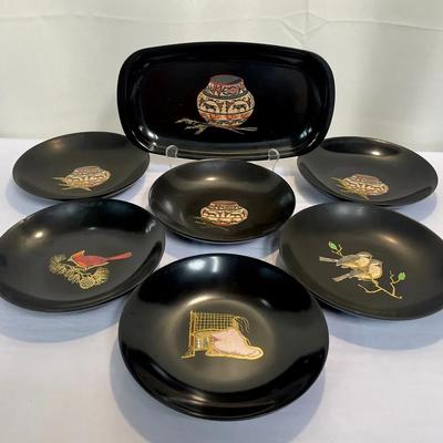 Set of 7 Couroc of Monterey Inlaid Resin Plates & Tray – Native American and Bird Motifs