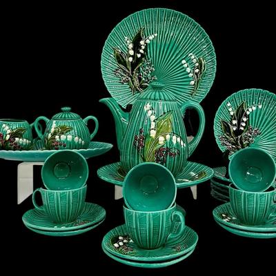 24-pc Vintage CICO Germany Majolica Lily of the Valley Tea Hand Painted Turquoise Tea Set
