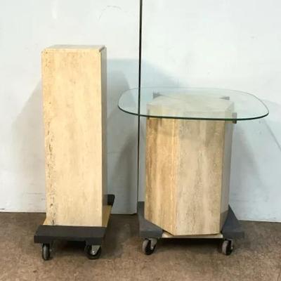 Vintage Travertine Glass Side Table & Travertine Pedestal 